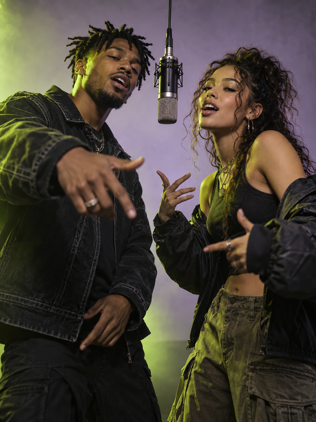 Concept artwork of two fictional adult friends performing at a hanging microphone in a lavender studio